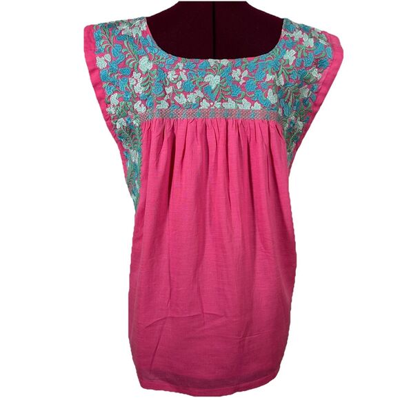 J Marie Hannah Floral Embroidered Linen Top Blouse Sz M Sleeveless Pink Blue - Picture 3 of 14